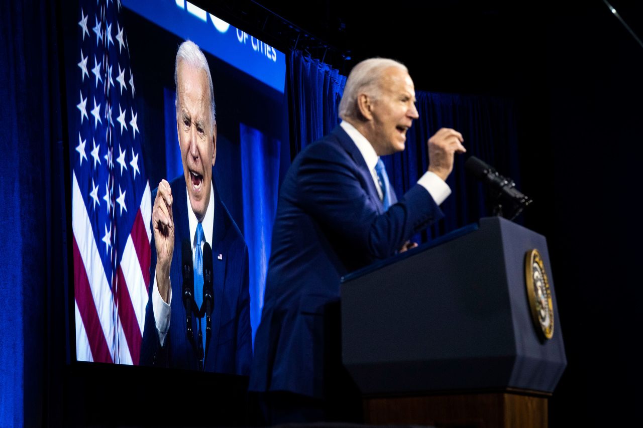 Biden addresses the National League of Cities' Congressional City Conference in March 2022.