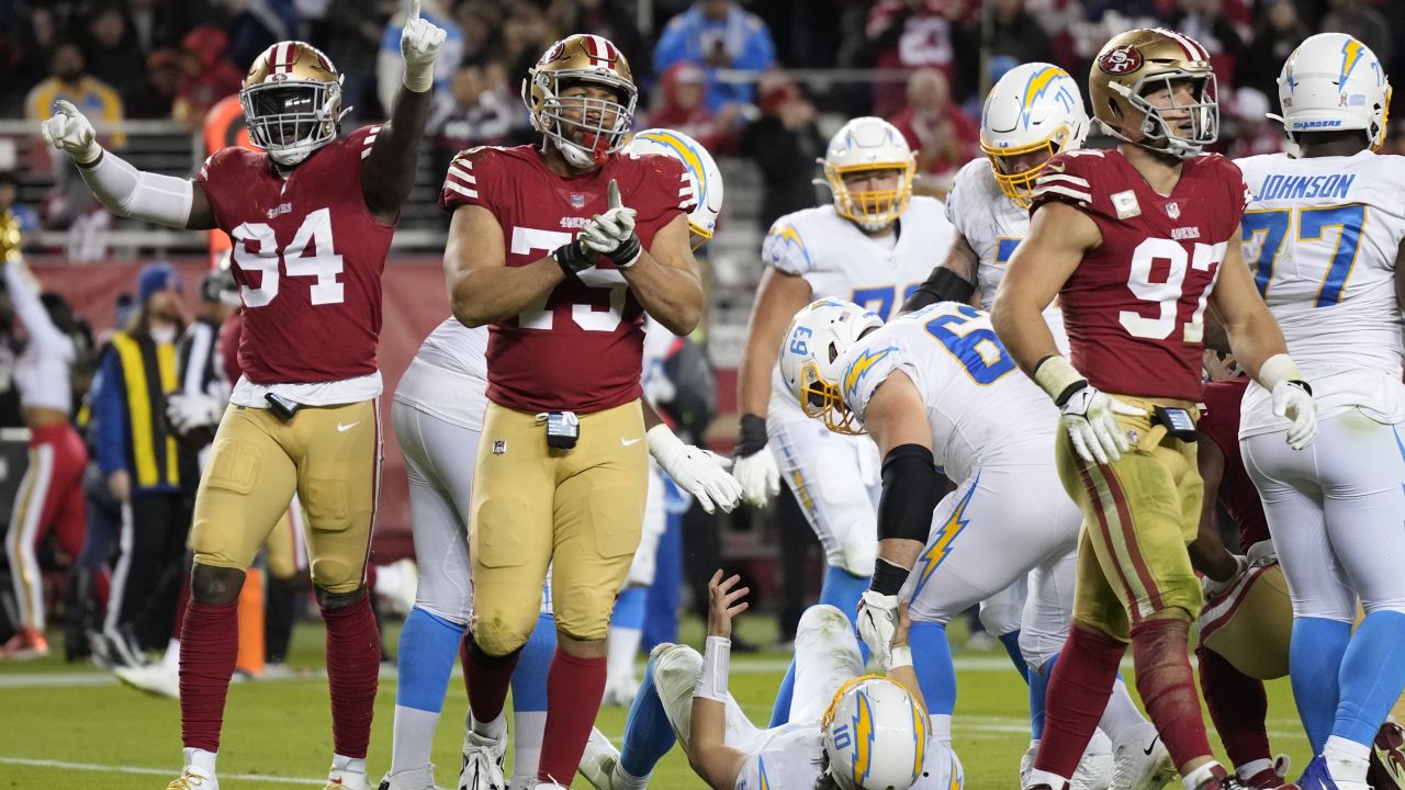 San Francisco 49ers defenders react defeated the Los Angeles Chargers last week.