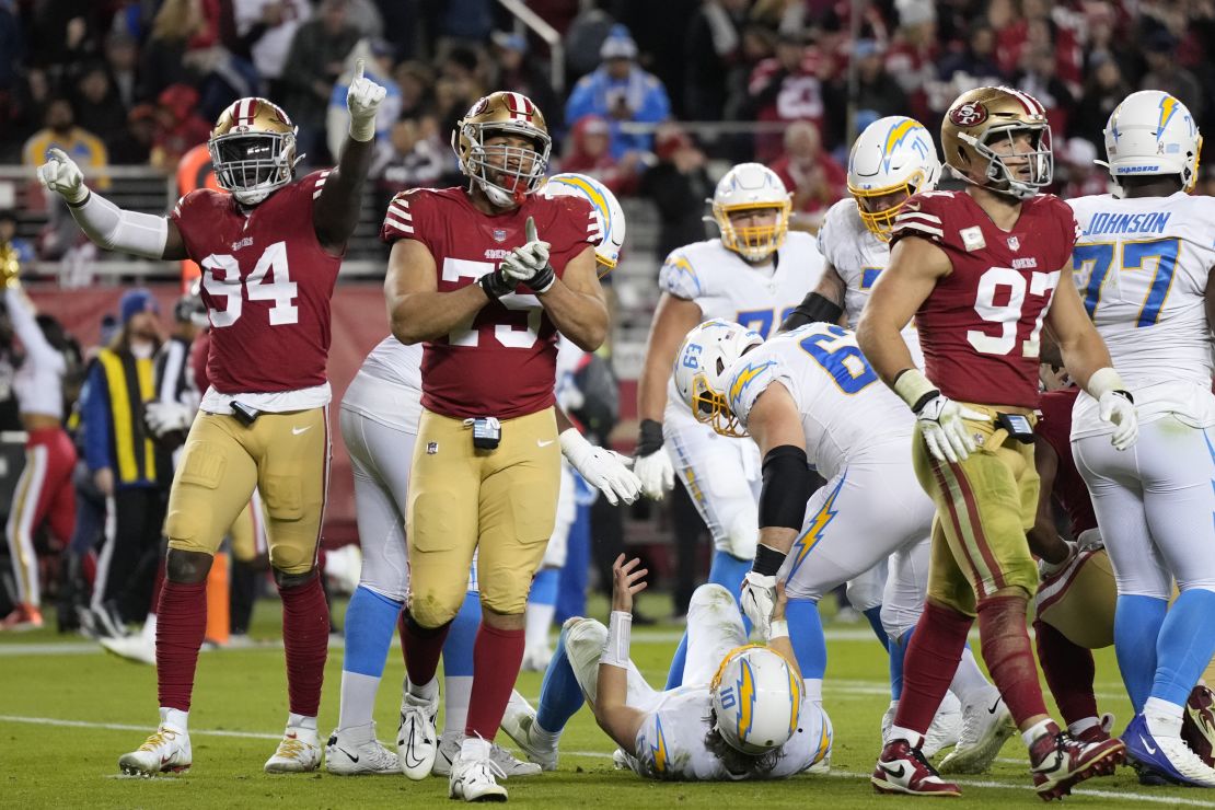 San Francisco 49ers defenders react defeated the Los Angeles Chargers last week.