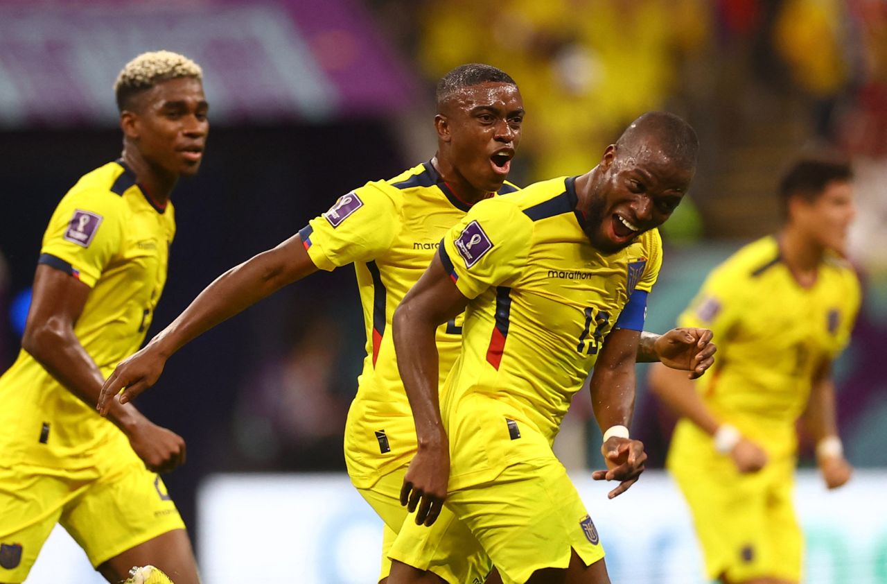Ecuador's Enner Valencia, third from left, celebrates after scoring a second goal in the World Cup opener against host nation Qatar on Sunday, November 20. Ecuador won the match 2-0.