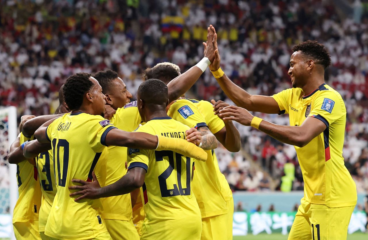 Ecuador players celebrate after Enner Valencia converted a penalty to give them a 2-0 lead over host nation Qatar in the tournament's opening match. Ecuador went on to win by the same score.