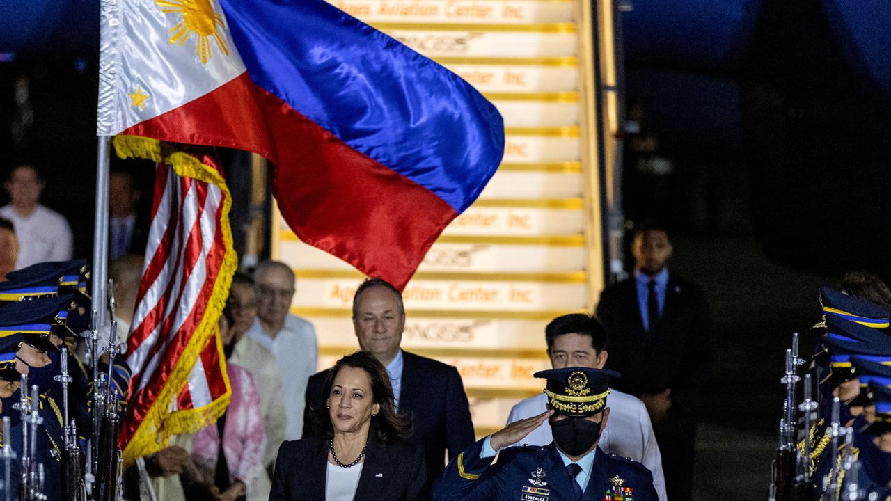 US Vice President Kamala Harris and her husband Doug Emhoff arrive at Ninoy Aquino International Airport in Manila November 20, 2022.