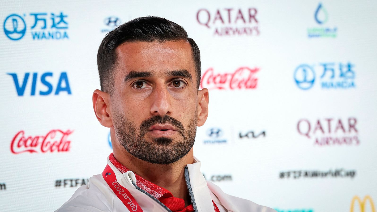Iran defender Ehsan Hajsafi attends a press conference at the Qatar National Convention Center (QNCC) in Doha.