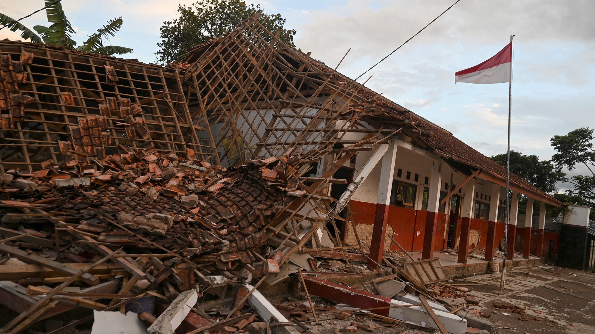 A collapsed Cianjur school building is seen following the earthquake.