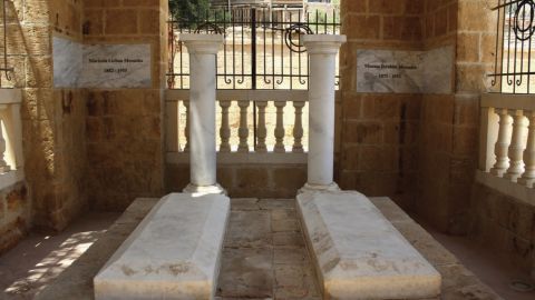 The tombs of Moussa Ibrahim Menasha and Marietta Lichaa Menasha, following restoration work in the Bassatine Cemetery, Cairo, Egypt.