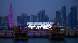 Dhow sailing boats seen at the Corniche Waterfront Promenade with the The West Bay skyline in the back ahead of the FIFA World Cup Qatar 2022 on November 17, 2022 in Doha, Qatar.