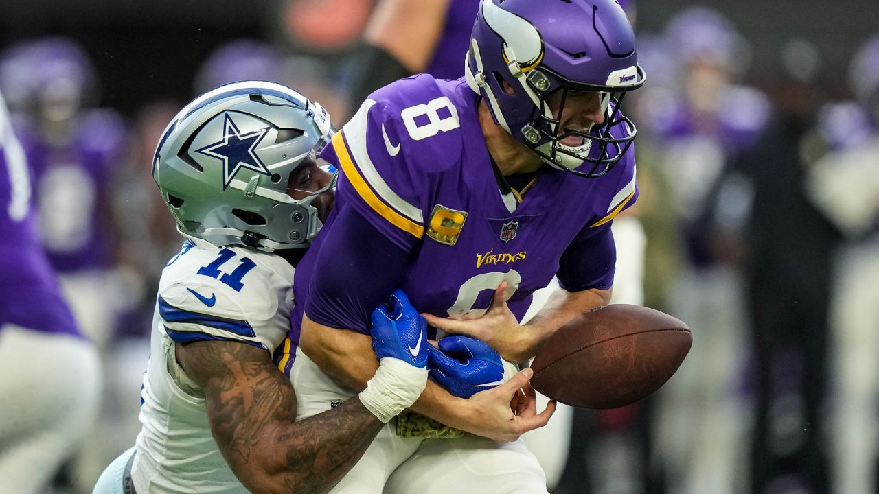 Dallas Cowboys linebacker Micah Parsons sacks Minnesota Vikings quarterback Kirk Cousins at US Bank Stadium on Sunday. 