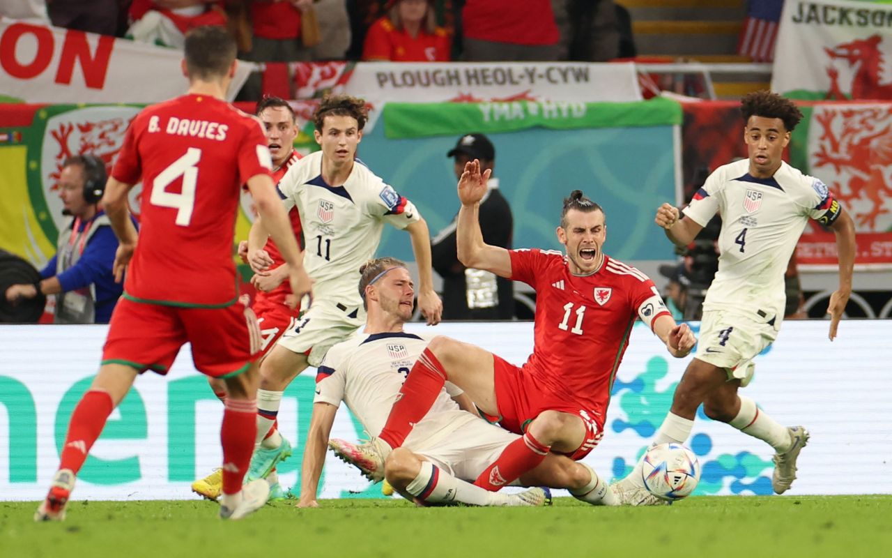 Walker Zimmerman fouls Wales' Gareth Bale in the box, conceding a second-half penalty that Bale would convert to tie the match at 1-1.