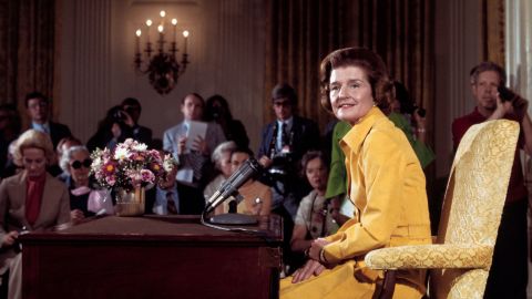 The first lady, Mrs. Gerald Ford, holds a press conference is the state dining room of the White House.