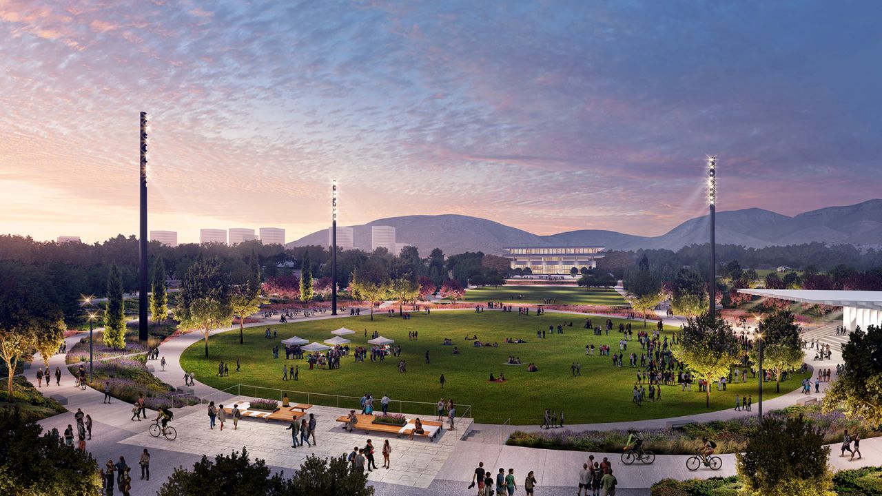 It will become the centerpiece of a giant events lawn, where massive light poles from the former airport will also be reused, as shown in this rendering. 