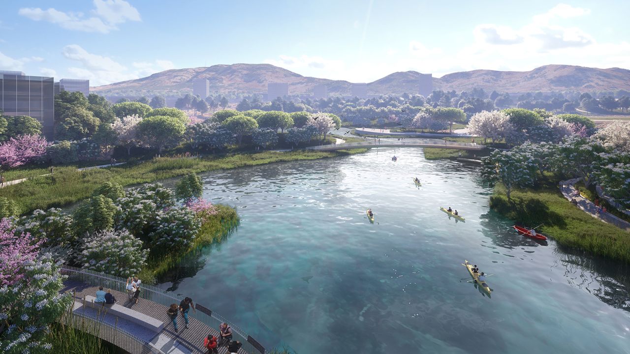 The park will also be home to a 3.7-acre lake (shown here in a rendering), repurposed from the former Olympic kayak venue, which will be open for recreational use. It could also help to combat water scarcity, collecting and storing stormwater and helping to irrigate the park. 