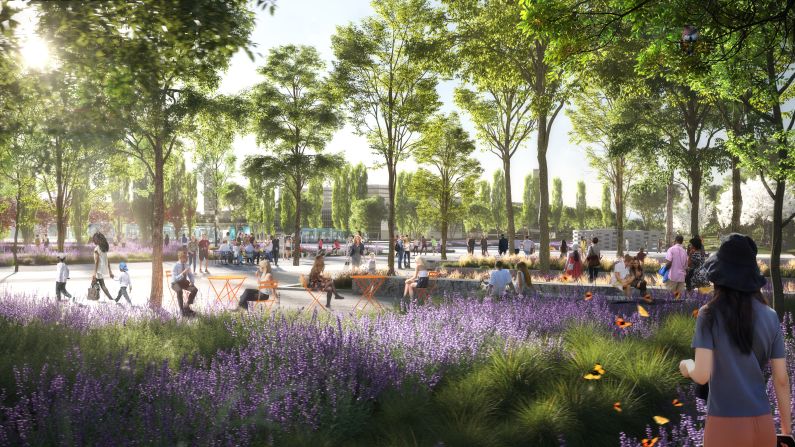 The architects collaborated closely with Greek plant nurseries on the project, sourcing native seed mixes that will thrive in the park and bring ecological benefits. In total, more than 31,000 trees from 86 species will be planted. This rendering shows a pedestrian walkway lined with trees and plants that extends to the sea.