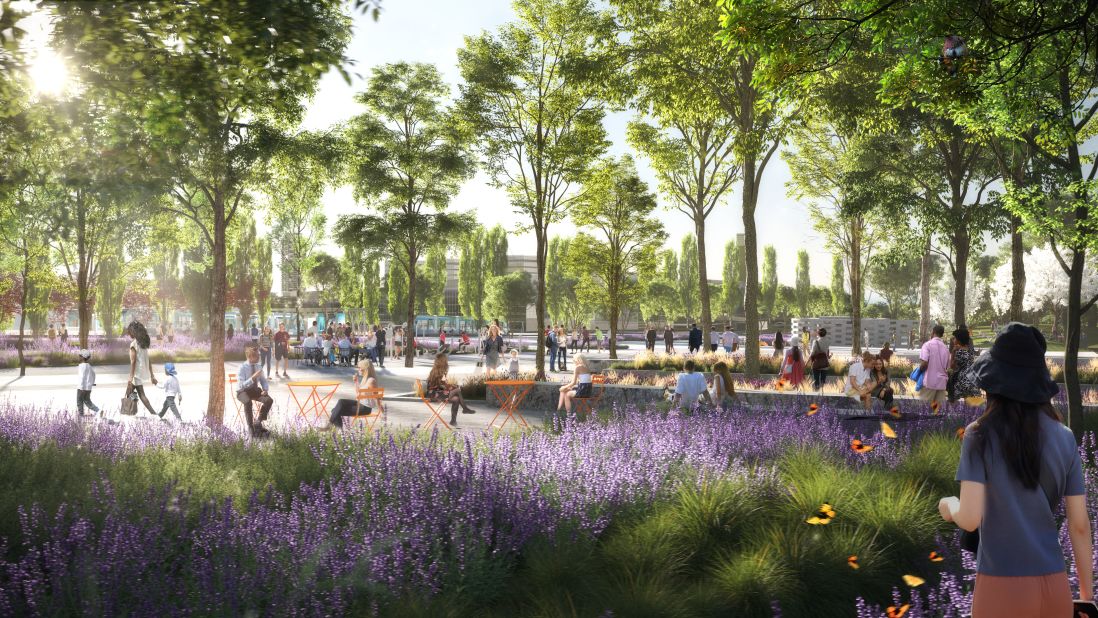 The architects collaborated closely with Greek plant nurseries on the project, sourcing native seed mixes that will thrive in the park and bring ecological benefits. In total, more than 31,000 trees from 86 species will be planted. This rendering shows a pedestrian walkway lined with trees and plants that extends to the sea.