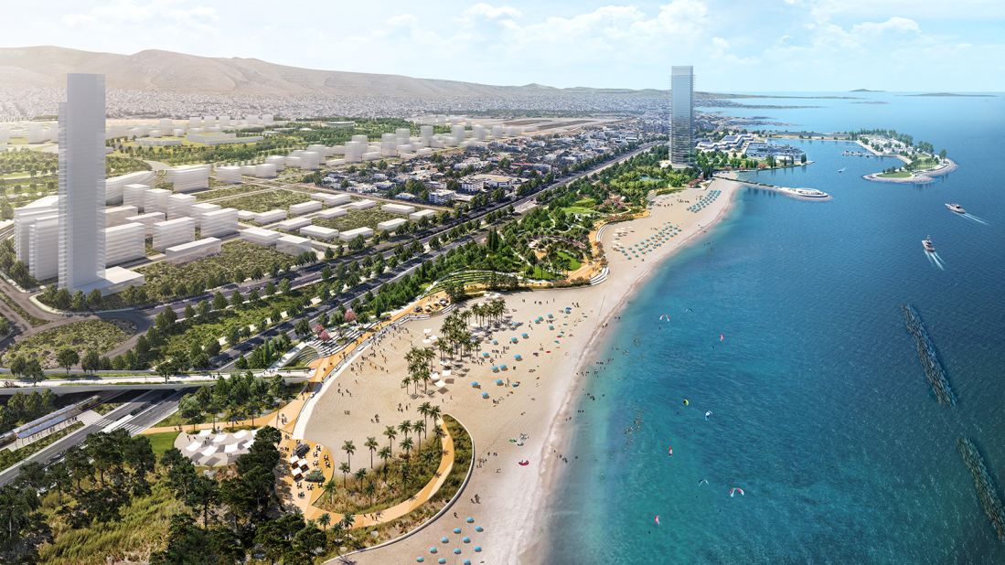 Soon it will be transformed into a 1-kilometer-long public beach (shown in this rendering) with sun loungers and watersports, and an adjoining marina will make the area easily accessible by boat.