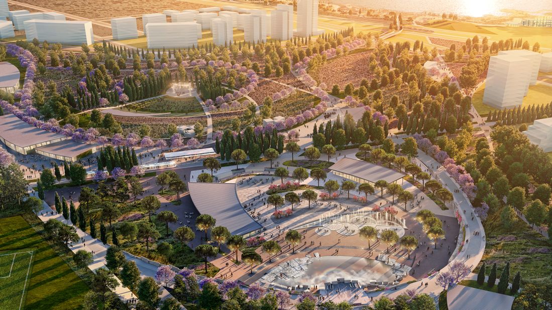 The main entry point to the park will by via a tram line stop at Olympic Square, shown here in a rendering, which will be home to fountains, food and drink venues and an amphitheater for outdoor performances. 