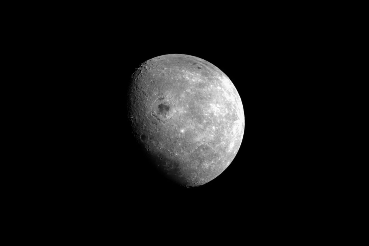 NASA's Orion spacecraft uses its optical navigation camera to take a black-and-white photo of the moon on day six of the mission.