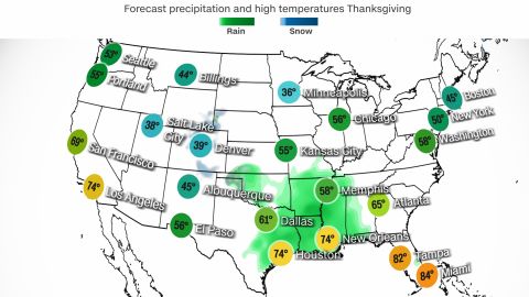 Rain and a few thunderstorms are possible over eastern portions of the Southern Plains and much of the Lower Mississippi Valley on Thanksgiving.