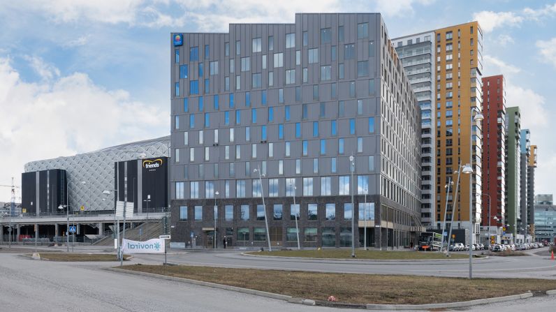 <strong>Comfort Hotel Solna, Sweden: </strong>The 336-room Comfort Hotel Solna lies a few miles north of central Stockholm. The angular building sports 2,500 square meters of colorful solar cells.
