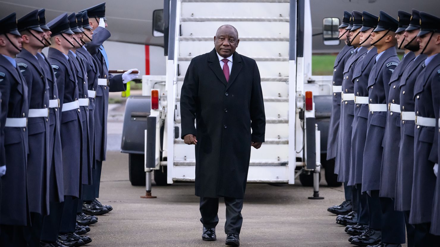 South African President Cyril Ramaphosa arrives at Stansted Airport, England, on Nov. 21, 2022. 