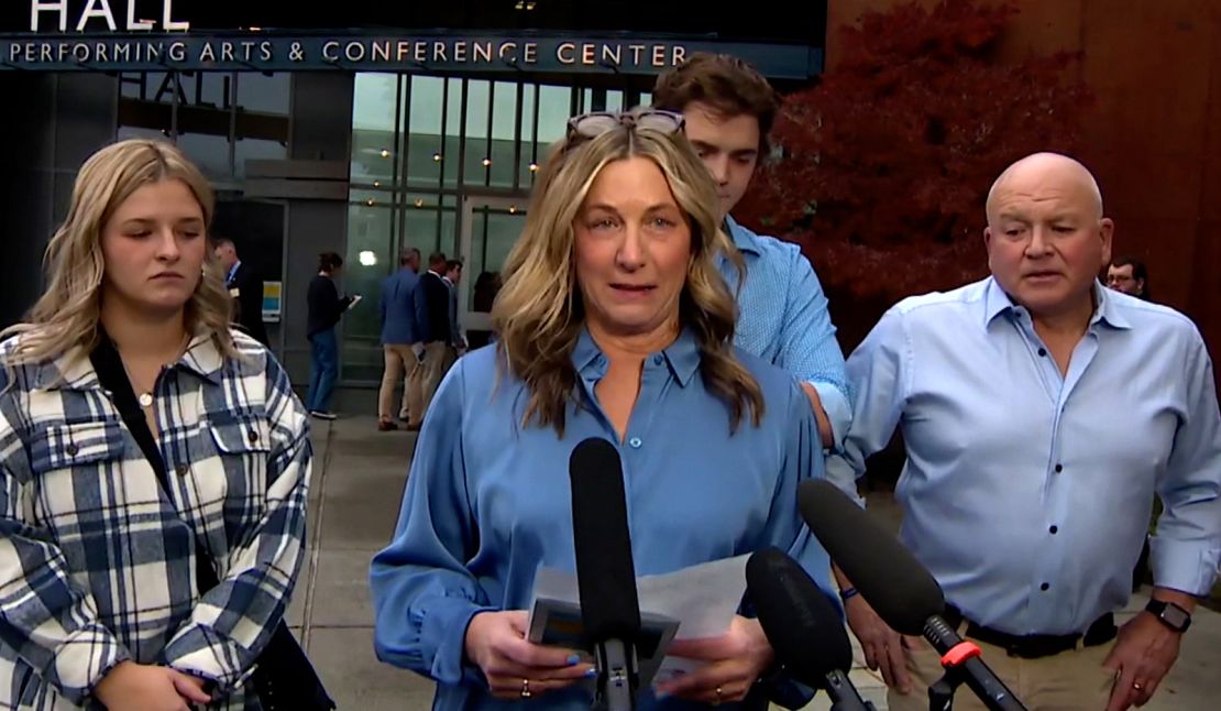 Stacy Chapin addressed reporters before her son Ethan's funeral in Mount Vernon, Washington, Monday.