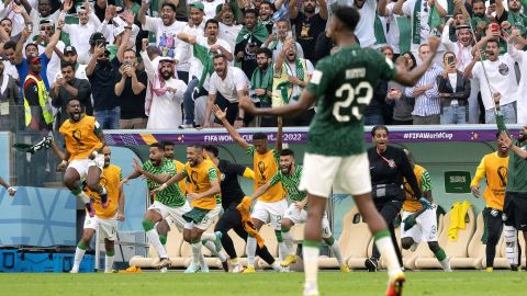 Saudi Arabia's players celebrate their shock victory over Argentina.