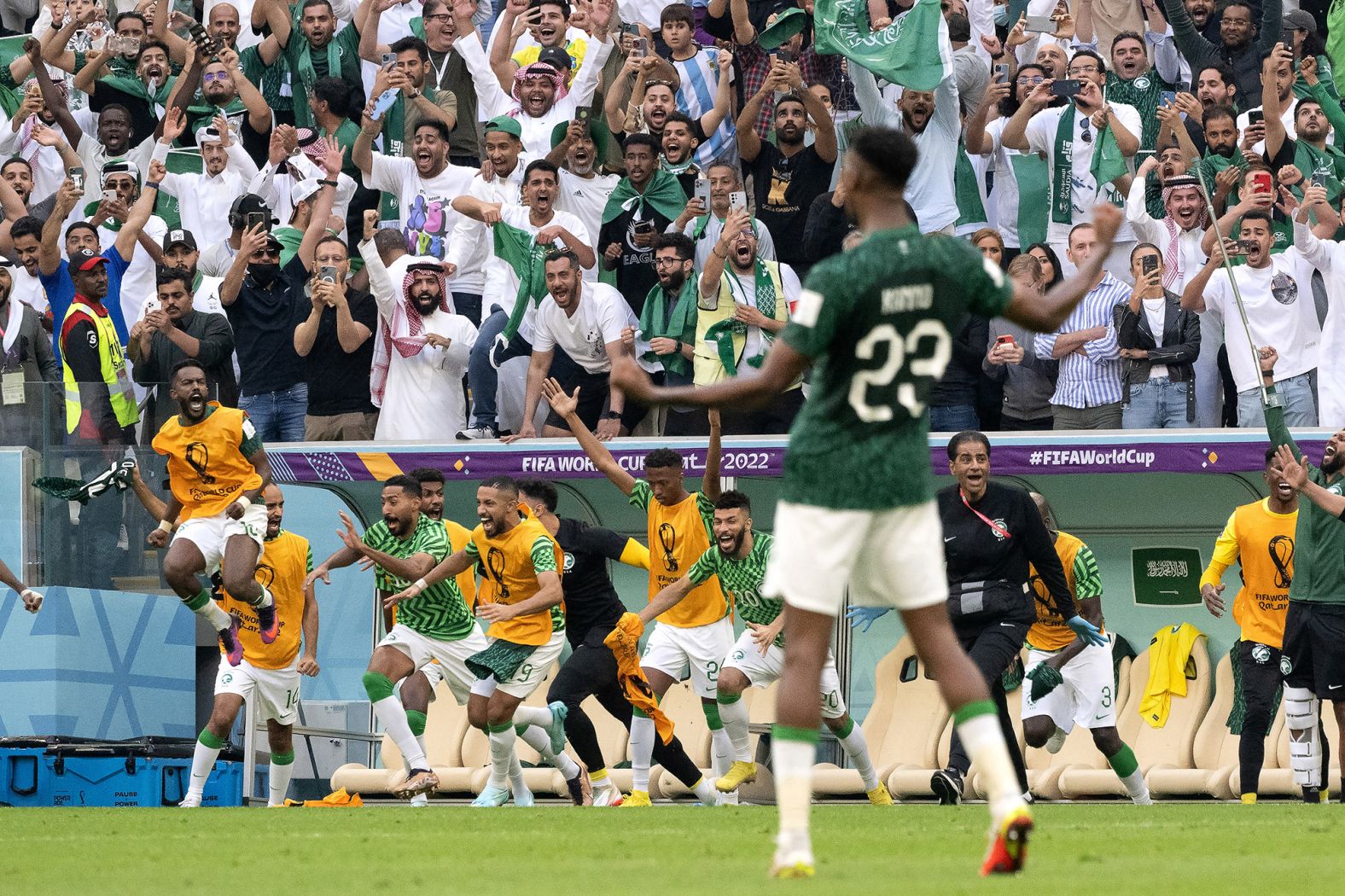 Saudi Arabia players celebrate their victory over Argentina on November 22. The 2-1 result was <a href="index.php?page=&url=https%3A%2F%2Fwww.cnn.com%2F2022%2F11%2F22%2Ffootball%2Flionel-messi-argentina-saudi-arabia-2022-world-cup-spt-intl" target="_blank">one of the biggest upsets in World Cup history</a>.