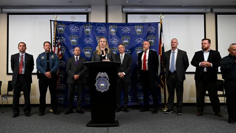 Pamela Castro, a spokesperson for the Colorado Springs Police Department, addresses reporters during a news briefing Monday.