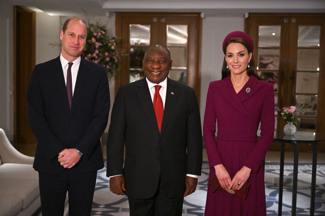 The Prince and Princess of Wales stand with South Africa's President Cyril Ramaphosa (C) at the Corinthia Hotel in London.