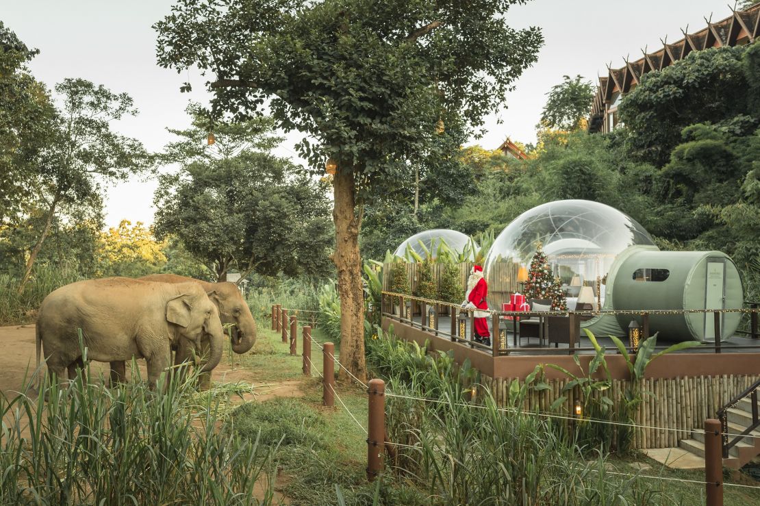 Anantara Golden Triangle's "jungle bubbles" double as snow globes during the holidays.