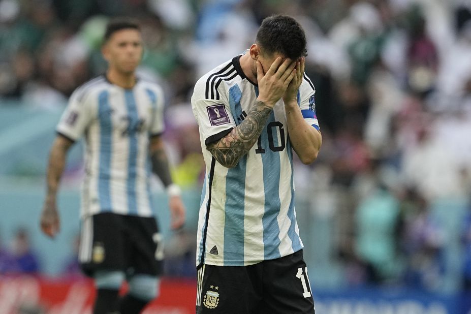 Argentina superstar Lionel Messi reacts during the match against Saudi Arabia. Messi opened the scoring with a 10th-minute penalty, but the Saudis rallied with two goals in the second half.