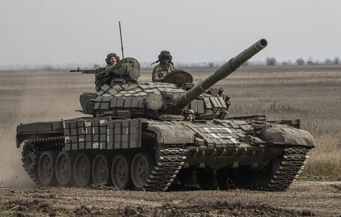 A Ukrainian tank is seen as the Ukrainian Armed Forces continue to contest the front line in Kherson region in Ukraine on November 9, 2022.