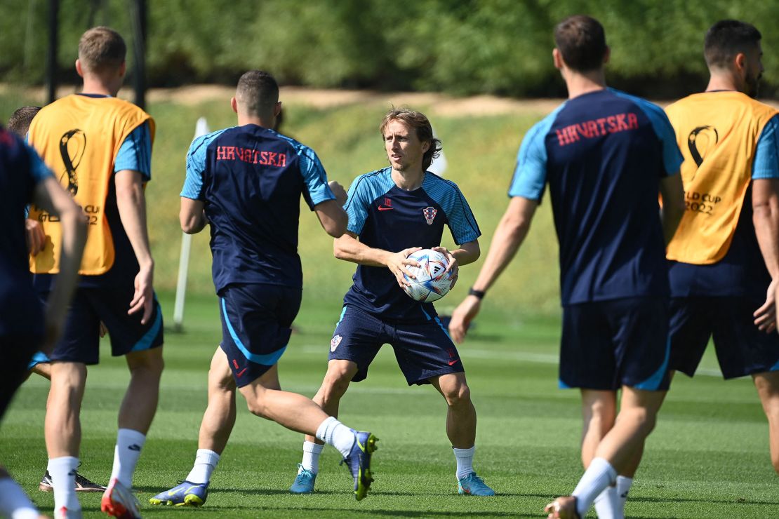 Croatia's midfielder Luka Modric takes part in a training session at the Al Erssal training site in Doha.
