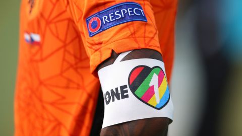A detailed view of the "OneLove" armband worn by Holland's Georginio Wijnaldum during the UEFA Euro 2020 Championship round of 16 match against the Czech Republic at the Puskas Arena on June 27, 2021 in Budapest, Hungary. 