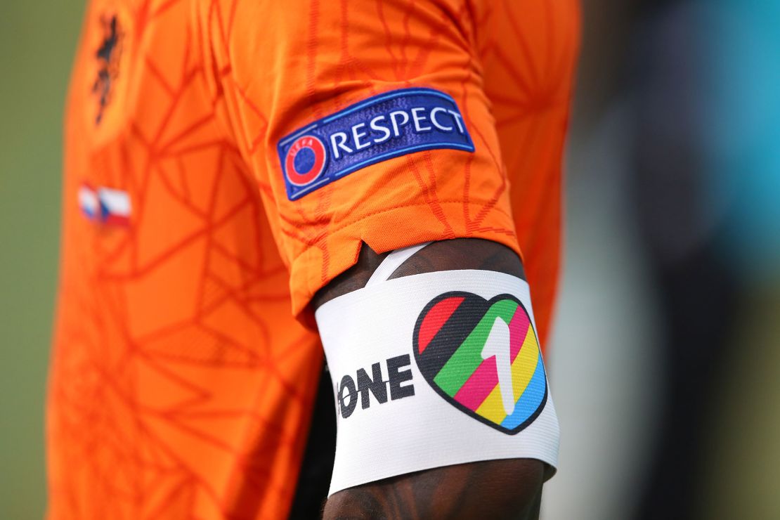 A detailed view of the "OneLove" armband worn by Holland's Georginio Wijnaldum during the UEFA Euro 2020 Championship round of 16 match against the Czech Republic at the Puskas Arena on June 27, 2021 in Budapest, Hungary. 