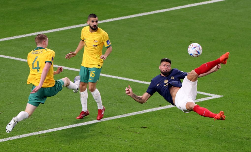 French striker Olivier Giroud attempts a shot on goal during a match against Australia on November 22. Giroud scored twice as the defending champions won 4-1. His two goals tied him with Thierry Henry for most international goals by a Frenchman (51).