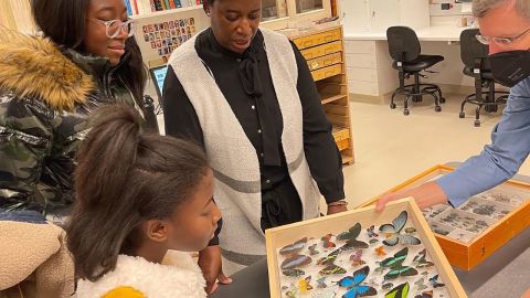 Bobbi -- with her sister, left, and mom, right -- looks at butterflies during a tour at Yale.