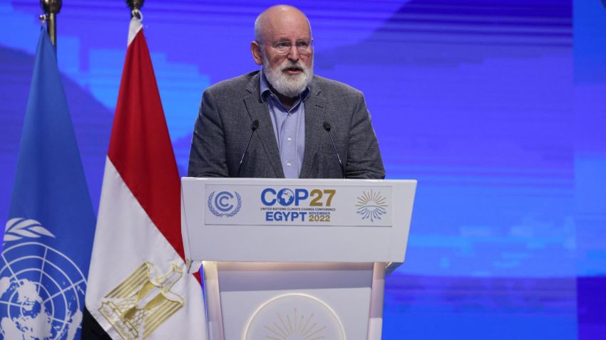 Frans Timmermans, European Commission vice-president, delivers a speech at the Sharm el-Sheikh International Convention Centre, in Egypt's Red Sea resort city of the same name, during the COP27 climate conference on November 15, 2022. (Photo by AHMAD GHARABLI / AFP) (Photo by AHMAD GHARABLI/AFP via Getty Images)