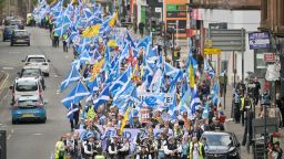 GLASGOW, SCOTLAND - MAY 14: Members of All Under One Banner gather for an independence march and rally on May 14, 2022 in Glasgow, Scotland. Organised by All Under One Banner (AUOB), the March for Independence Defend Our NHS gathered at Kelvingrove Park before marching through the city to a rally in George Square. (Photo by Jeff J Mitchell/Getty Images)