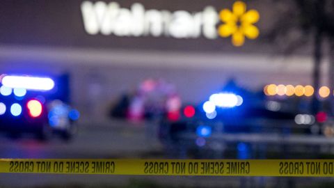 Police tape cordons off the scene of a fatal shooting at a Chesapeake, Virginia, Walmart on Tuesday.