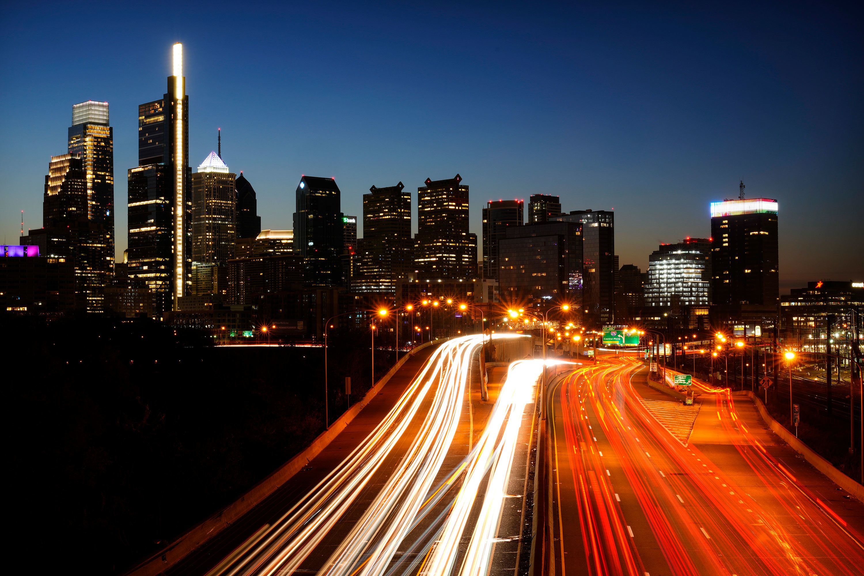 In this image, made with a long exposure, vehicles move along Interstate 76 in Philadelphia on Wednesday, November 23.