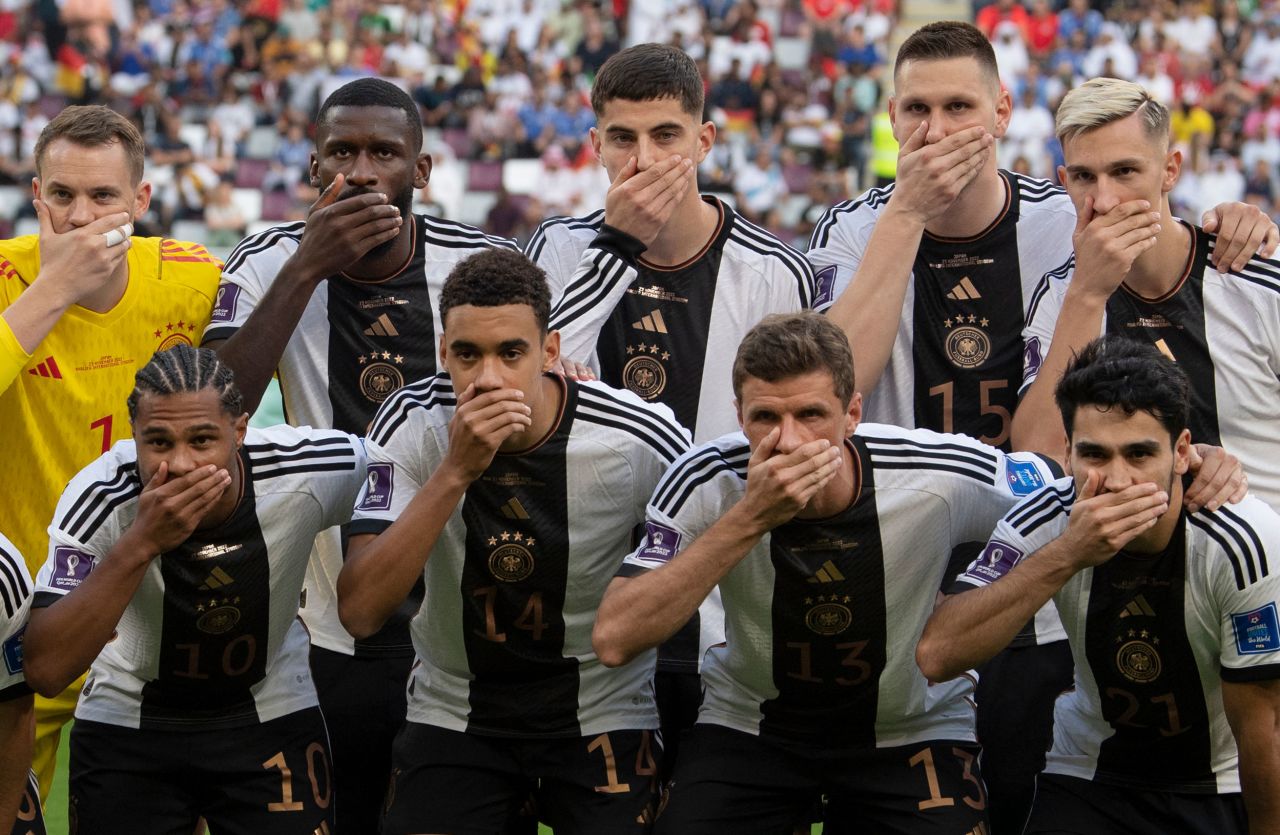 Before kickoff Wednesday, Germany's starting 11 posed for their team photo with their right hands in front of their mouths. The team's social media feed confirmed that <a href="https://www.cnn.com/sport/live-news/world-cup-11-23-22/h_d06430578d0638bd3e9c4c995ea621d0" target="_blank">the gesture was designed to protest</a> FIFA's decision to ban the "OneLove" anti-discrimination armband that many European captains had been hoping to wear in Qatar.