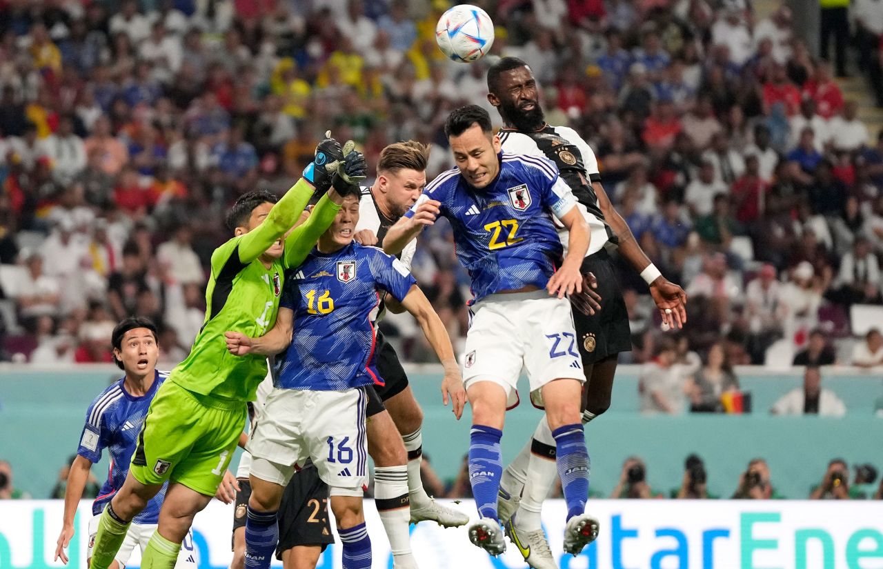 Germany's Antonio Rüdiger, top right, is first to a header during Wednesday's loss to Japan.