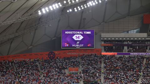 DOHA, QATAR - NOVEMBER 21: The scoreboard screen shows an additional 14 minutes of added time at the end of the 1st half during the FIFA World Cup Qatar 2022 Group B match between England and IR Iran at Khalifa International Stadium on November 21, 2022 in Doha, Qatar. (Photo by Simon Stacpoole/Offside/Offside via Getty Images)