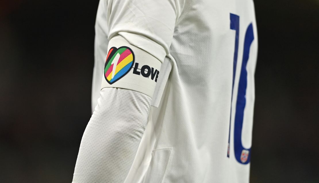 The captain's armband of Martin Ødegaard of Norway during the international friendly match against the Republic of Ireland at the Aviva Stadium in Dublin on November 17.