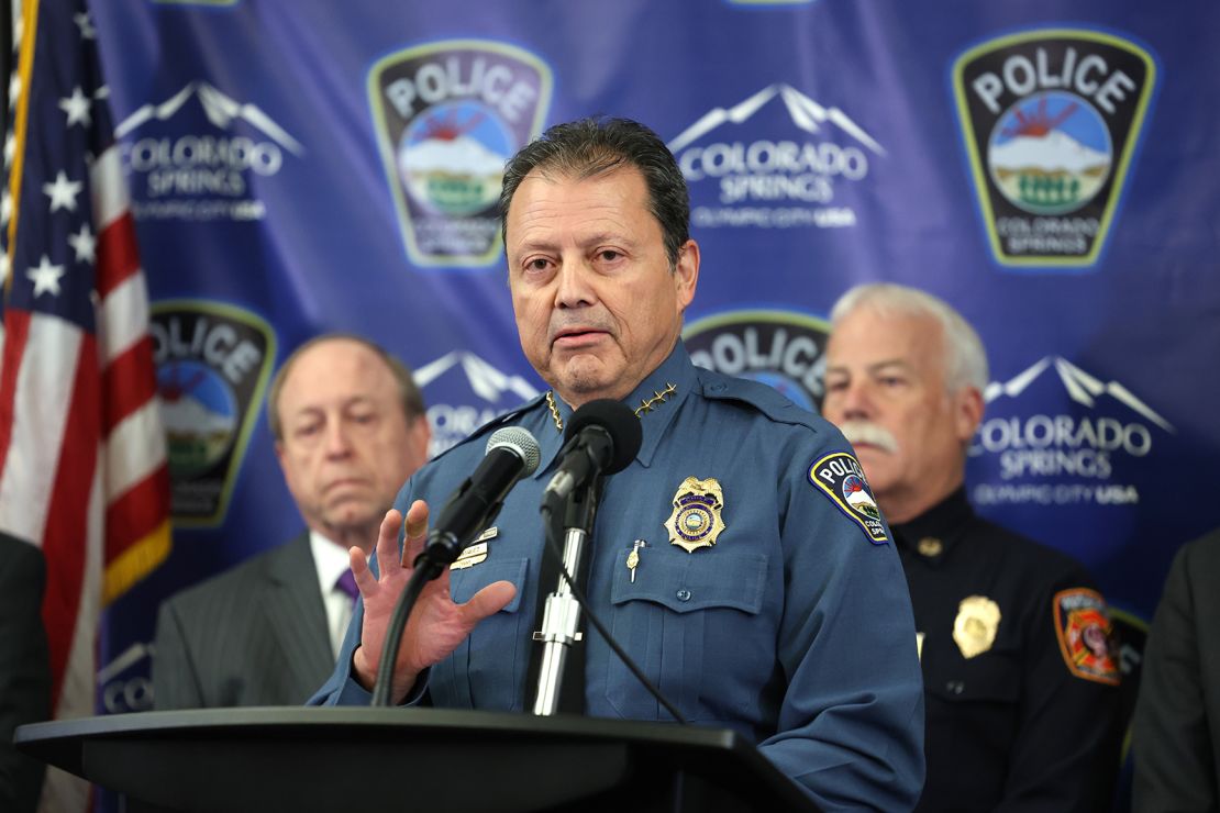Police Chief Adrian Vasquez gives an update about the Club Q shooting investigation Monday at the Police Operations Center in Colorado Springs, Colorado. 