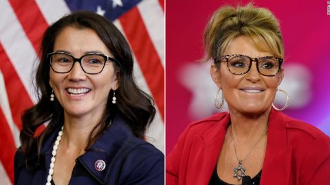 US Rep. Mary Peltola, left, and Sarah Palin