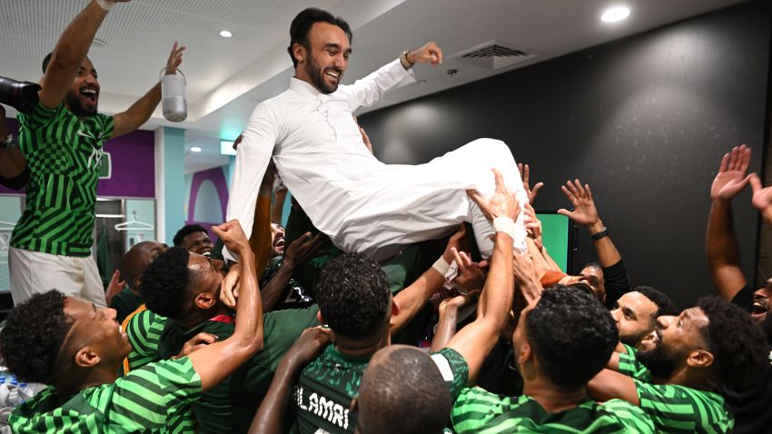 Prince Abdulaziz bin Turki Al-Faisal celebrates with players of Saudi Arabia after victory in the FIFA World Cup Qatar 2022 Group C match between Argentina and Saudi Arabia at Lusail Stadium on November 22, 2022 in Lusail City, Qatar.