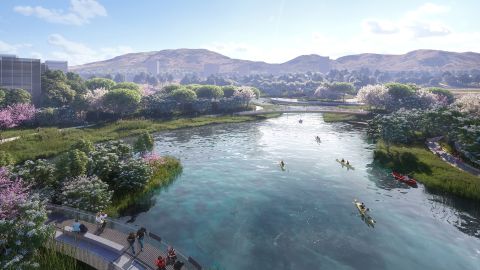 The park is designed to serve both nature and people, with a recreational lake (shown here in a rendering) that also provides irrigation. 