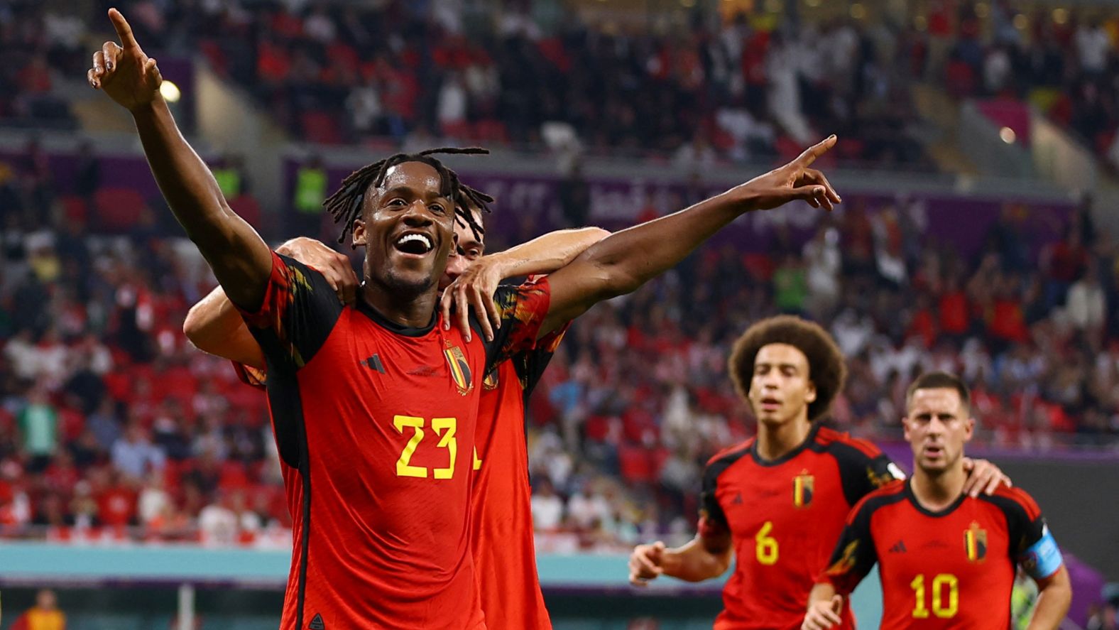 Michy Batshuayi celebrates after giving Belgium a 1-0 lead over Canada in their World Cup opener on November 23. That ended up being the only goal of the match.