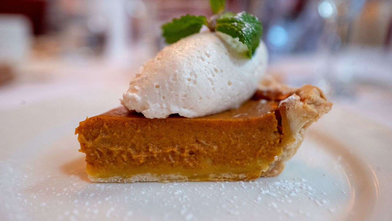 A slice of classic pumpkin pie with whipped cream, Danville, California, November 28, 2019. 